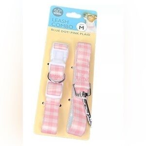 New Cute Pink Plaid dog leash combo size Medium